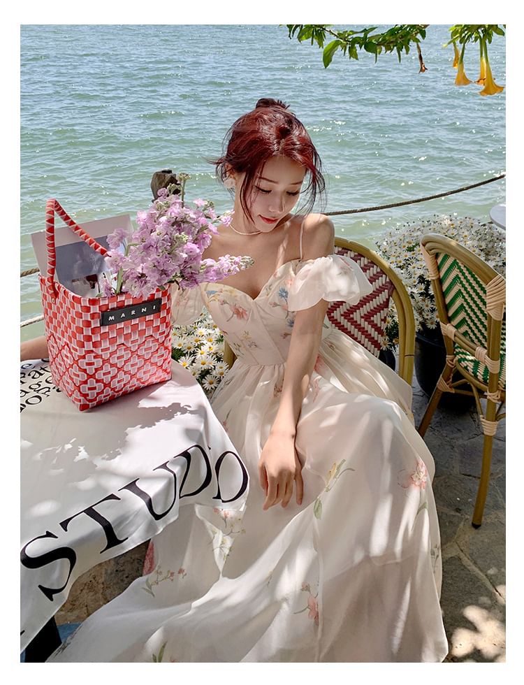 Dress Floral Midi Cold-Shoulder A-Line Puff-Sleeve
