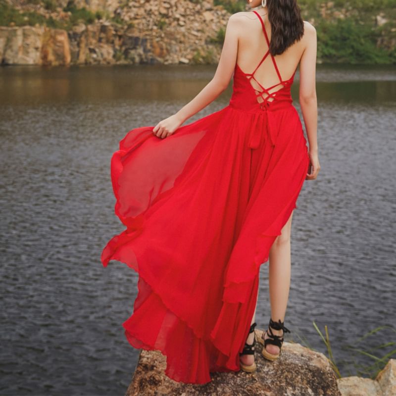 Lace-Up Sundress Plain Maxi Spaghetti Back Open Strap