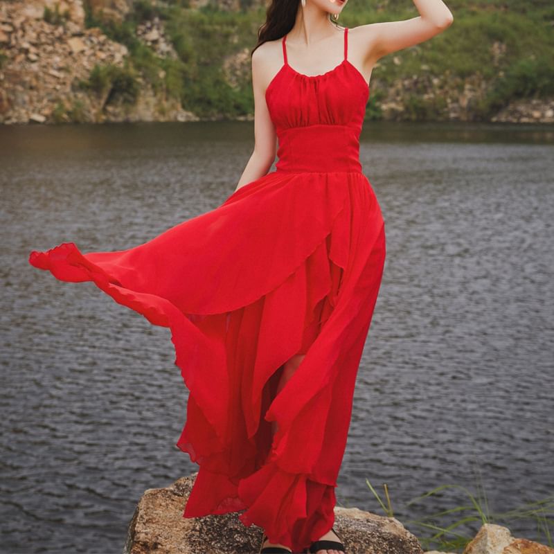 Lace-Up Sundress Plain Maxi Spaghetti Back Open Strap