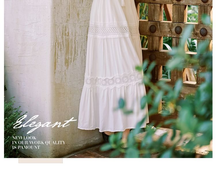 A-Line V-Neck Maxi Puff-Sleeve Lace Plain Trim Dress