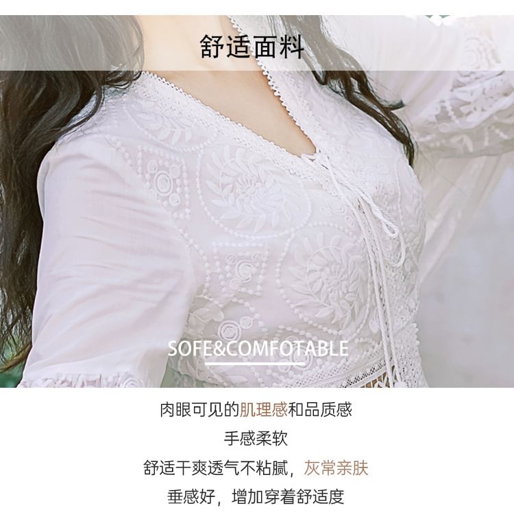 A-Line V-Neck Maxi Puff-Sleeve Lace Plain Trim Dress