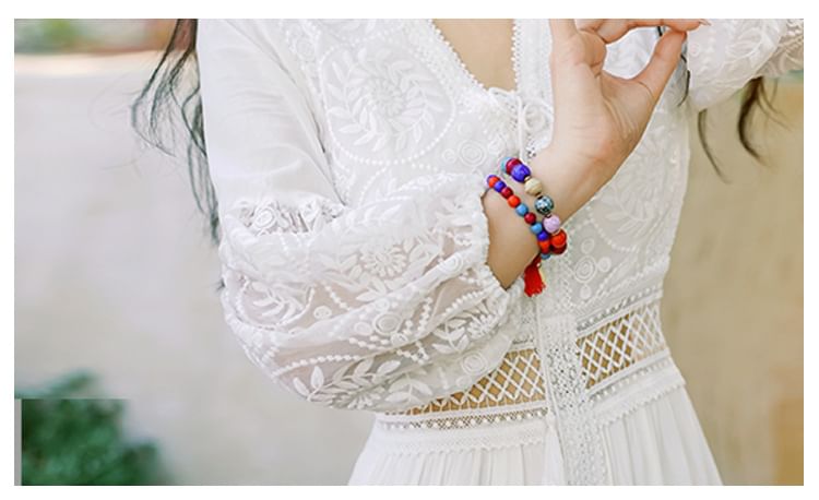 A-Line V-Neck Maxi Puff-Sleeve Lace Plain Trim Dress