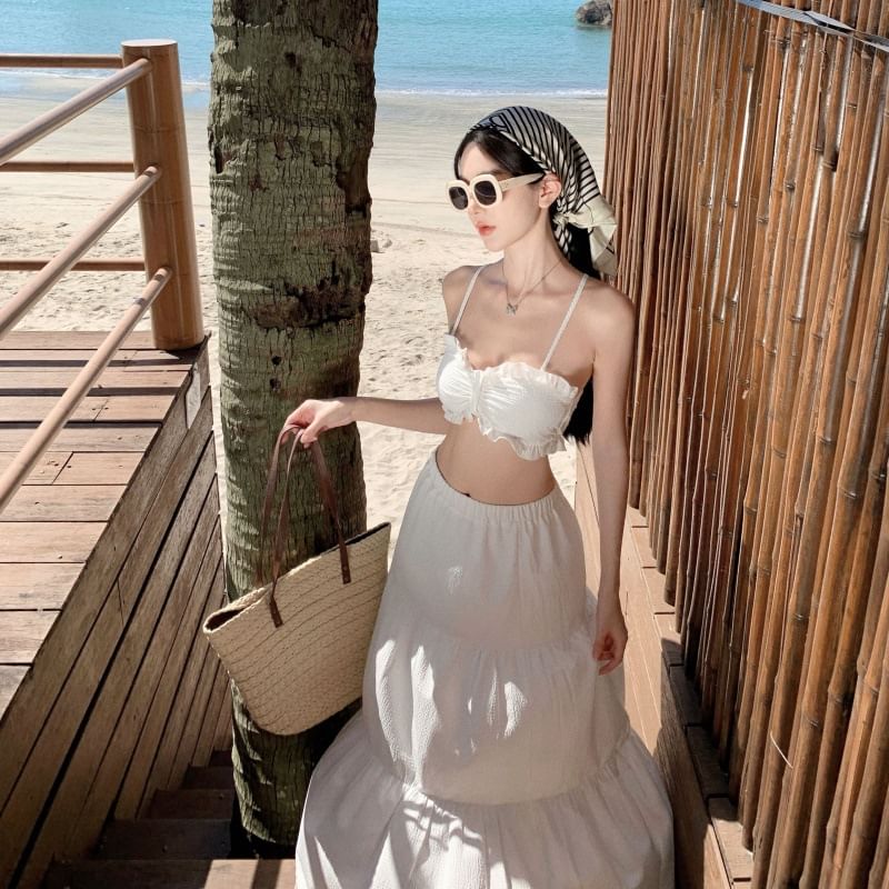 High Top Plain Set: Waist Cropped Maxi Ruffle A-Line Cami + Skirt