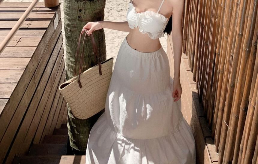 High Top Plain Set: Waist Cropped Maxi Ruffle A-Line Cami + Skirt