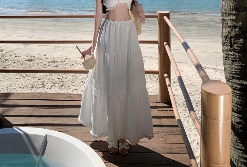 High Top Plain Set: Waist Cropped Maxi Ruffle A-Line Cami + Skirt
