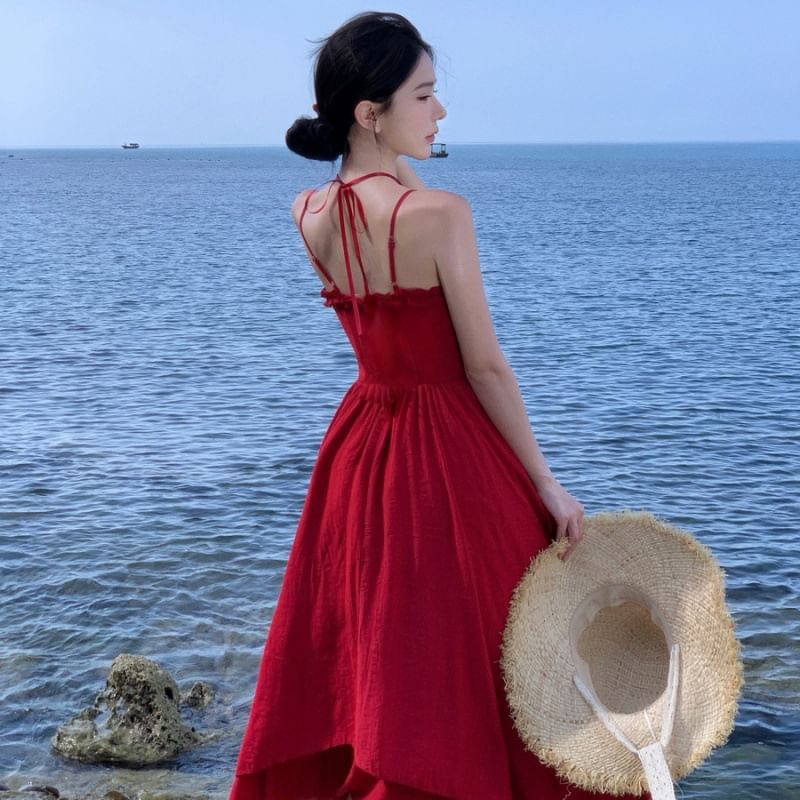 Detail Flower Plain Spaghetti Sundress Maxi Strap Ruffle