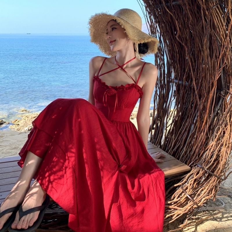 Detail Flower Plain Spaghetti Sundress Maxi Strap Ruffle