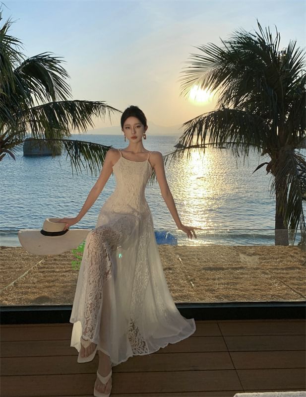 Lace Open Sundress Maxi Strap Spaghetti Back Panel Plain