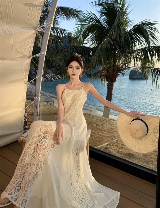 Lace Open Sundress Maxi Strap Spaghetti Back Panel Plain