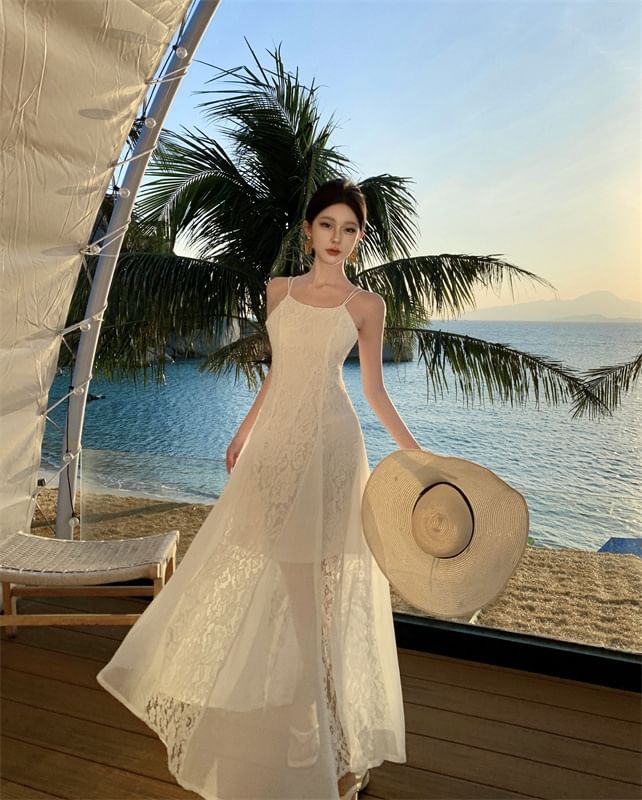 Lace Open Sundress Maxi Strap Spaghetti Back Panel Plain