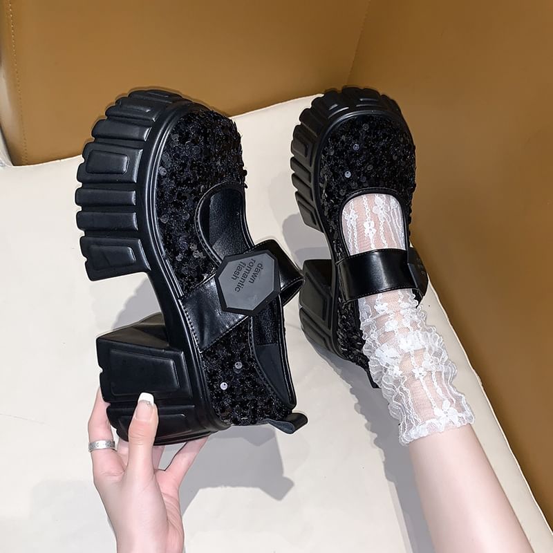 Platform Mary Jane Shoes Sequined