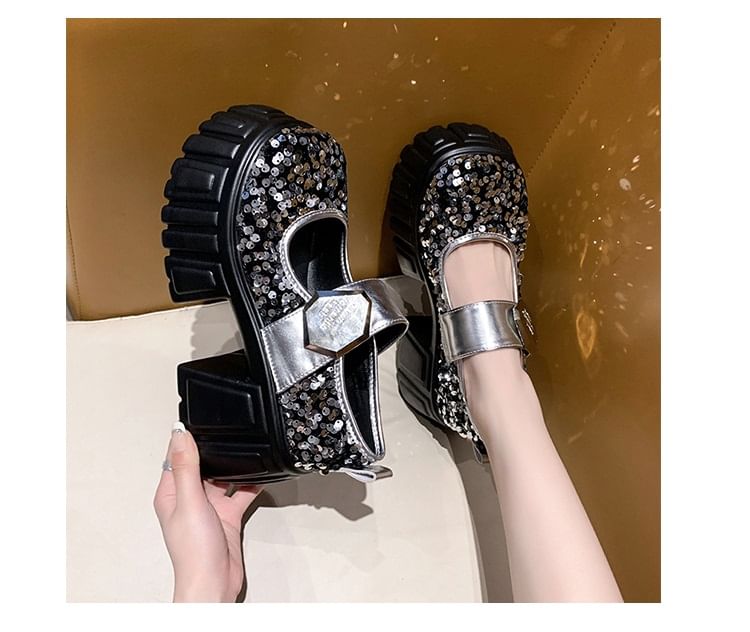 Platform Mary Jane Shoes Sequined