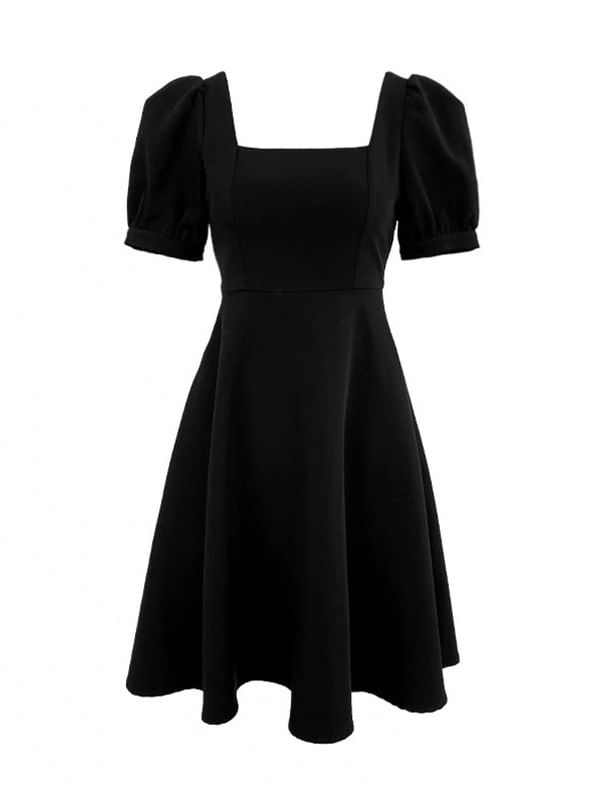 Dress Mini Square Neck Puff Plain A-Line Sleeve