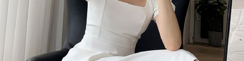 Puff Sleeve Square Neck Plain Mini A-Line Dress