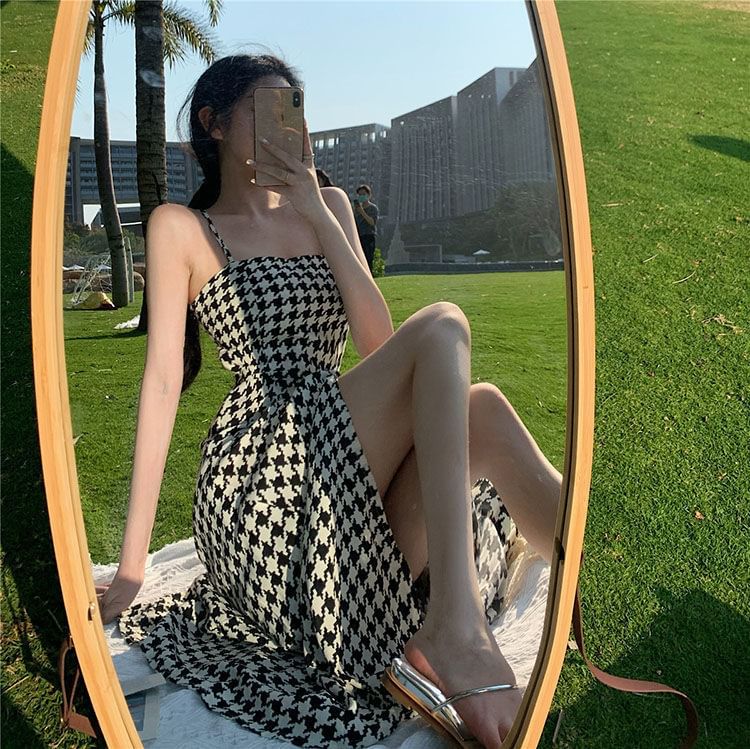 Dress Houndstooth Slit Spaghetti Maxi Strap A-Line