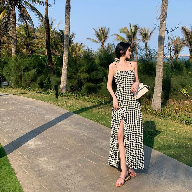 Dress Houndstooth Slit Spaghetti Maxi Strap A-Line