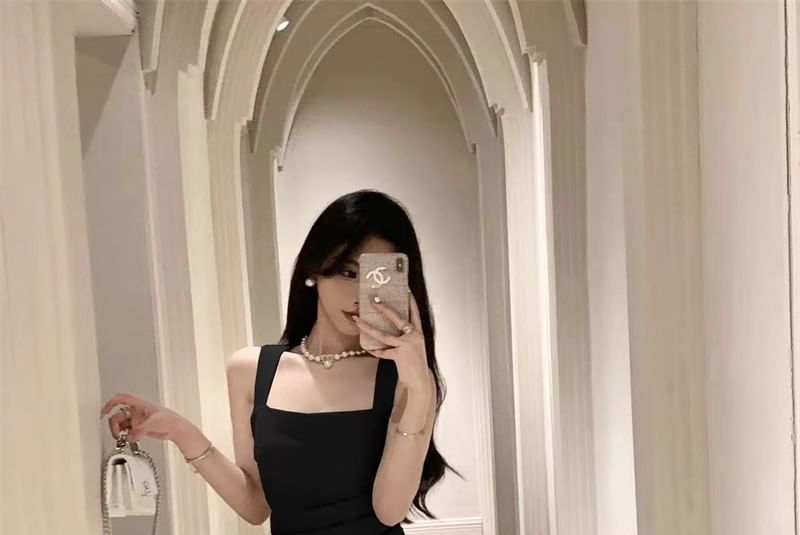 Dress Square Neck Sheath Midi Plain Sleeveless Ruched