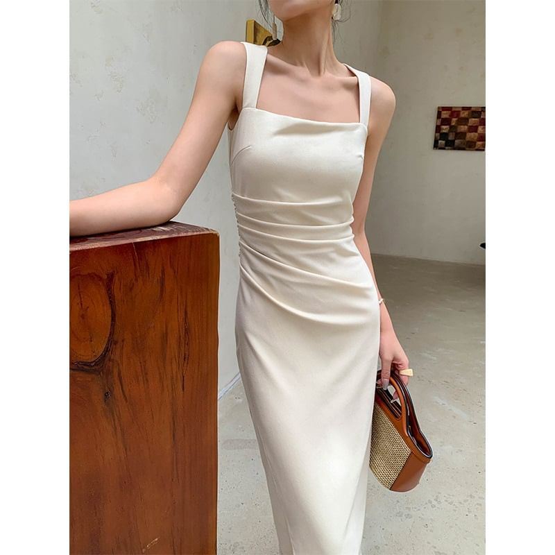 Sleeveless Sheath Dress Square Neck Midi Ruched Plain