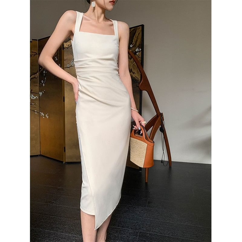 Sleeveless Sheath Dress Square Neck Midi Ruched Plain