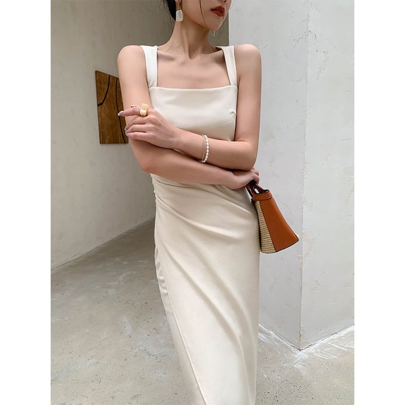 Sleeveless Sheath Dress Square Neck Midi Ruched Plain
