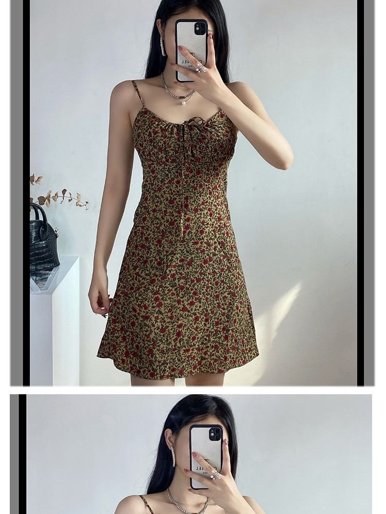 Mini Strap Tie Print Floral A-Line Dress Front Spaghetti