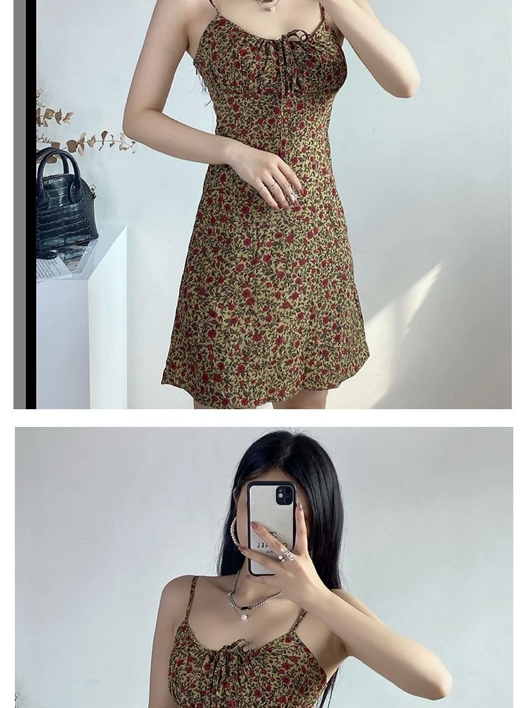 Spaghetti Floral Strap Tie Print Front Mini Dress A-Line