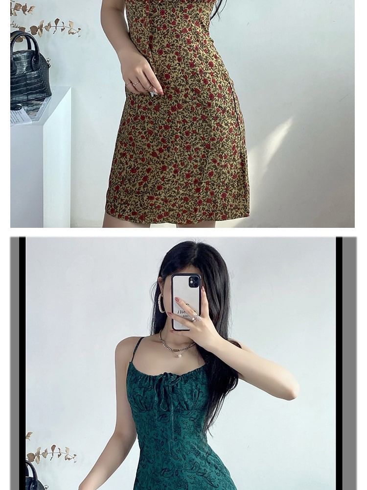 Spaghetti Floral Strap Tie Print Front Mini Dress A-Line
