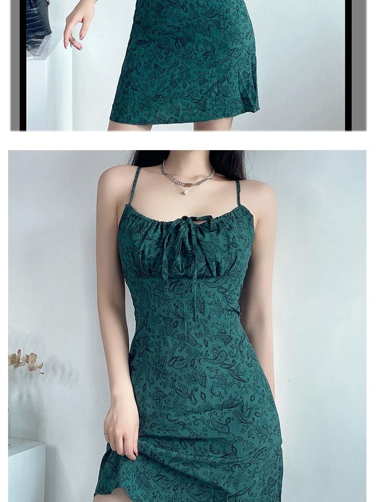 Mini Strap Tie Print Floral A-Line Dress Front Spaghetti