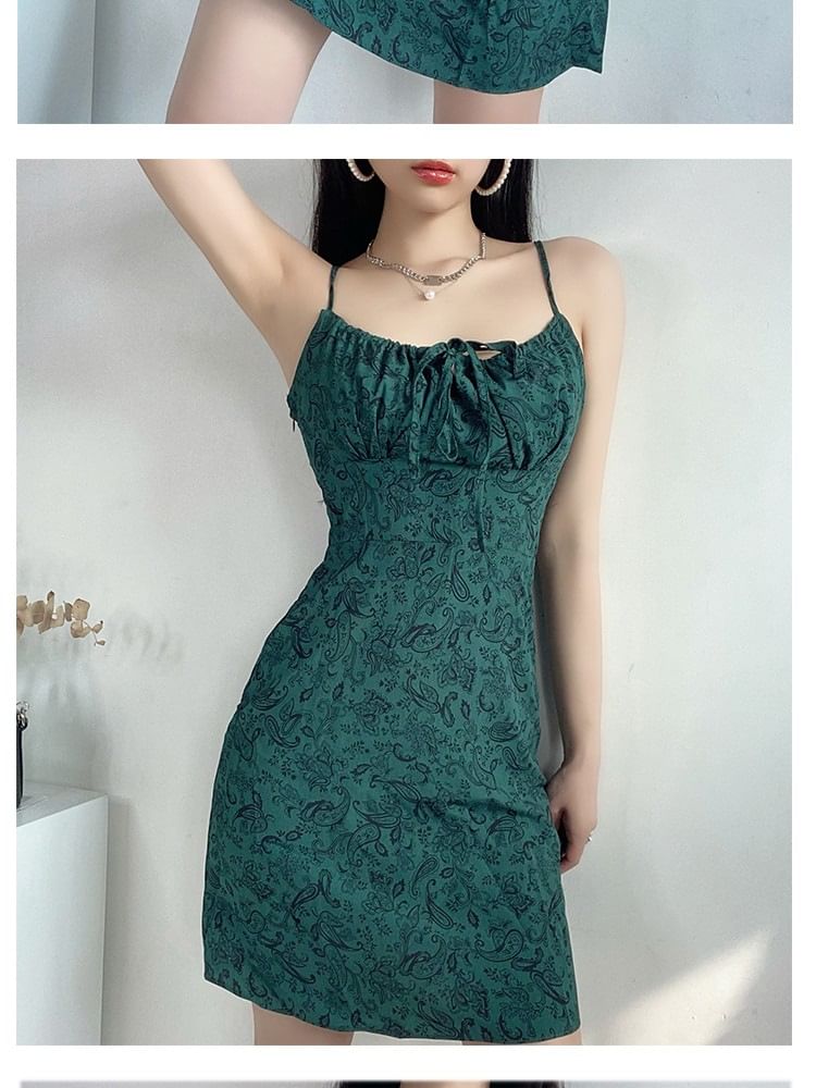 Spaghetti Floral Strap Tie Print Front Mini Dress A-Line