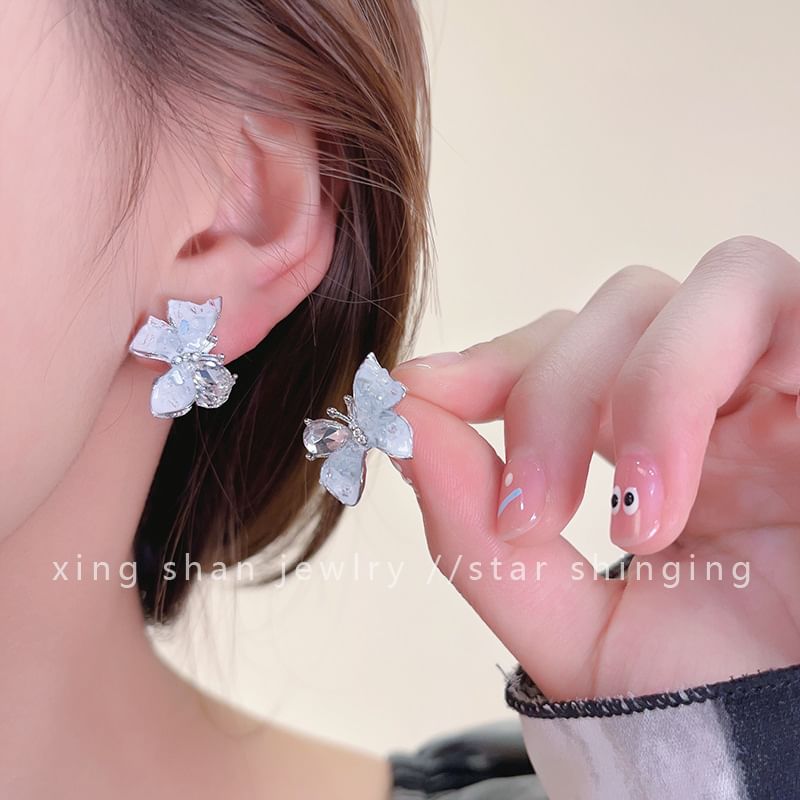 Earring Crystal Ear Stud Clip-On Butterfly Faux Rhinestone /