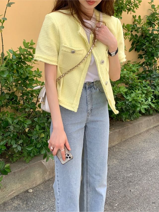 Short-Sleeve Button-Up Tweed Jacket