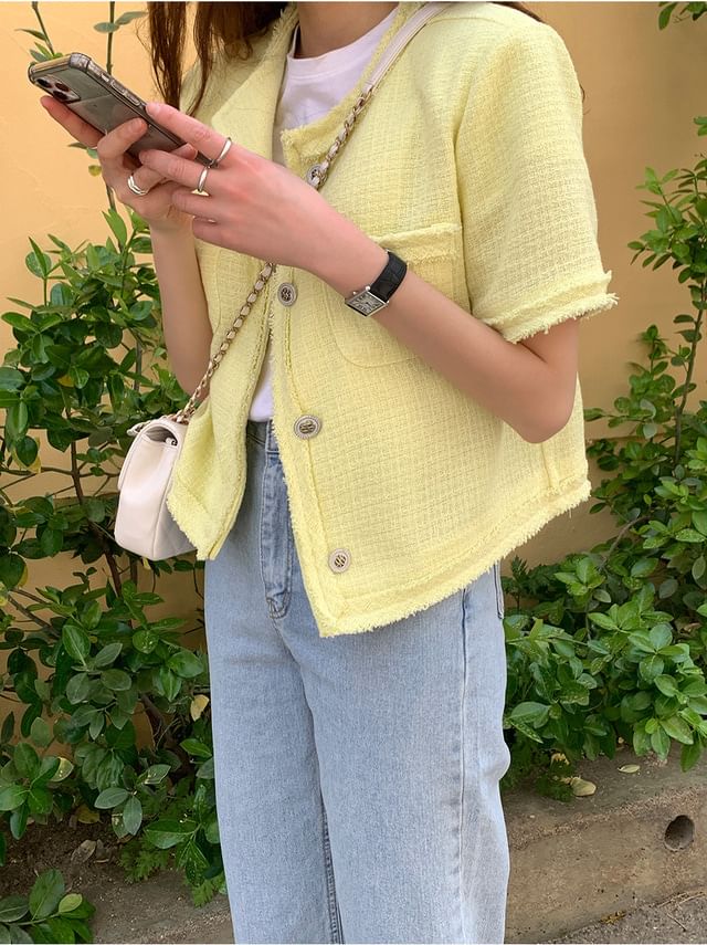 Short-Sleeve Button-Up Tweed Jacket