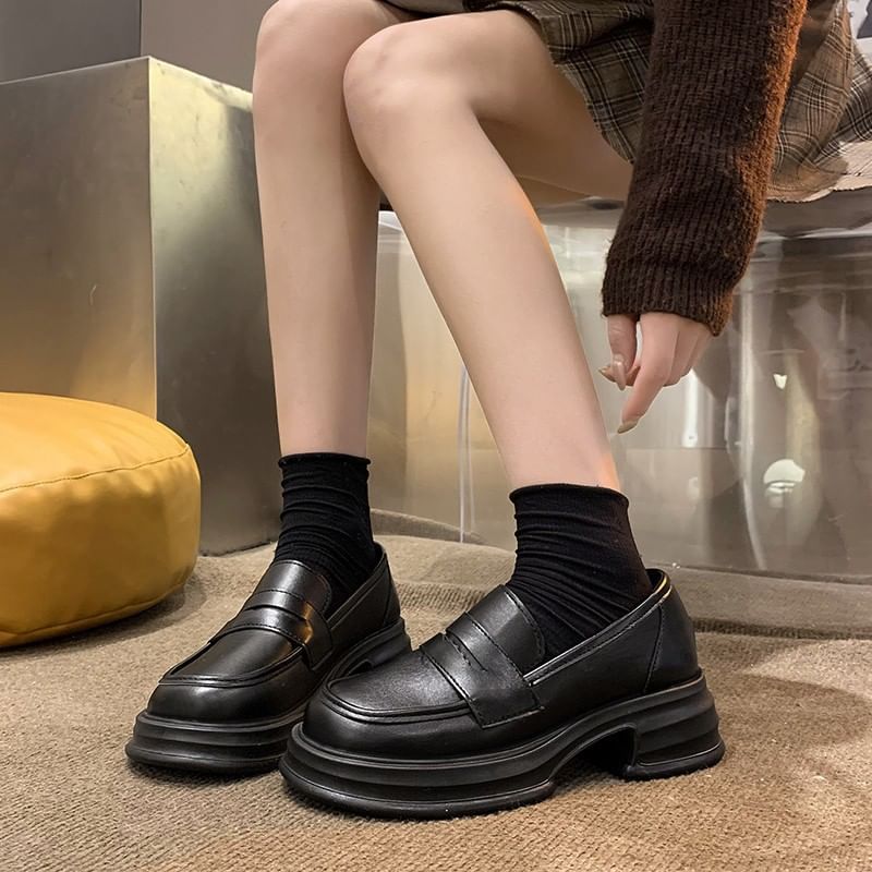 Leather Loafers Faux Platform