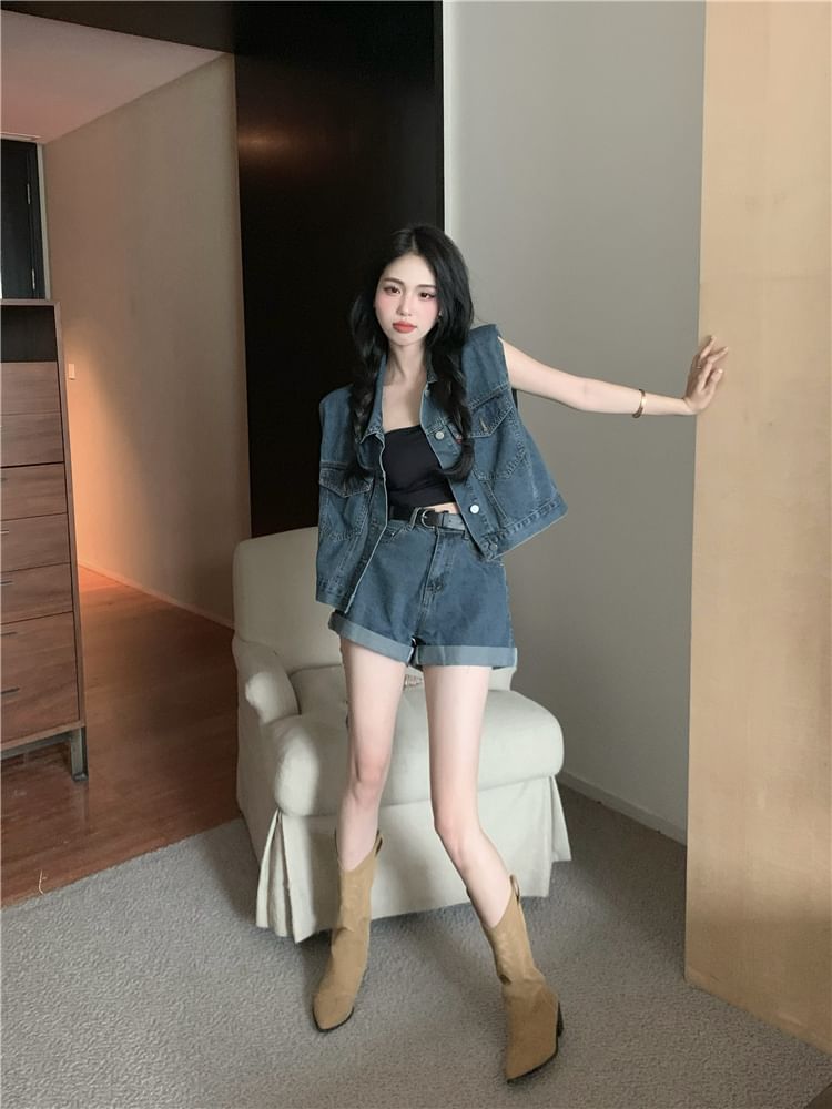 Collar Denim Button Vest / High Waist Roll Up Hem Denim Shorts / Belt / Set