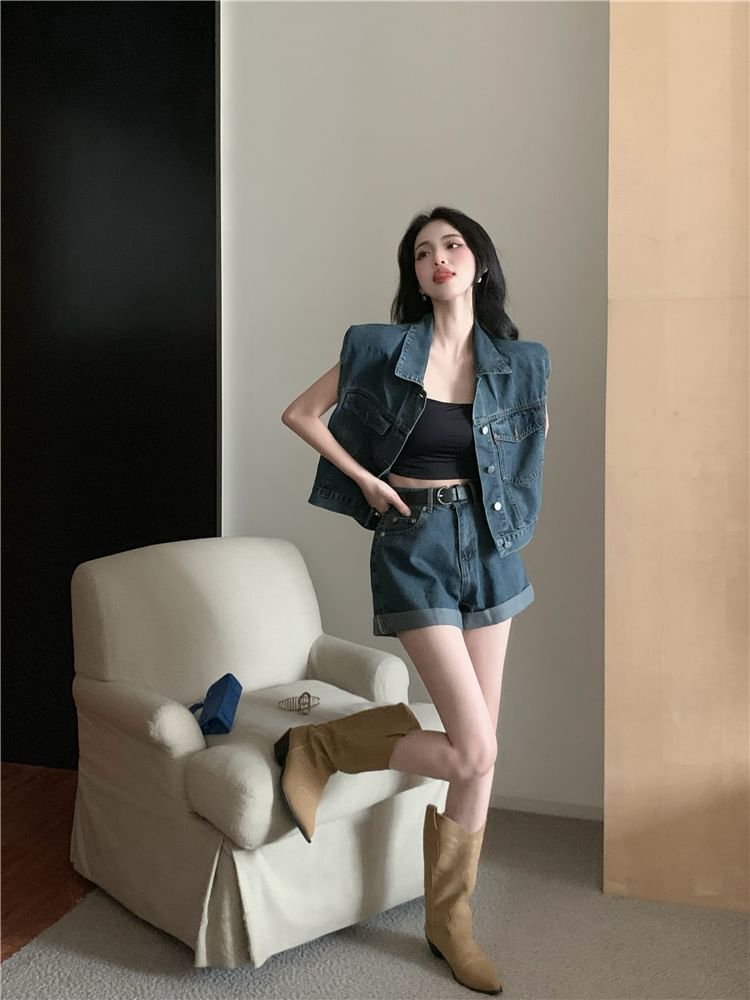Collar Denim Button Vest / High Waist Roll Up Hem Denim Shorts / Belt / Set