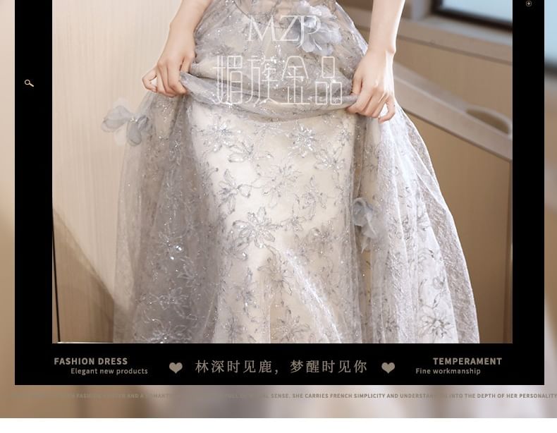 Pearl Floral Gown Neck Round Evening Mesh Faux A-Line Patterned Sleeveless