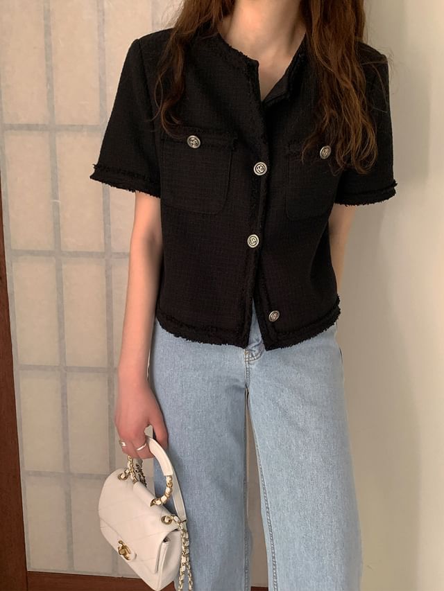 Short-Sleeve Crew Neck Plain Tweed Button-Up Crop Jacket