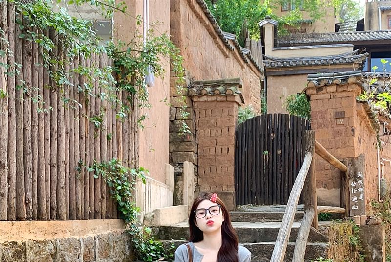 Dress / Mini Melange Floral Spaghetti Crop Strap A-Line Cardigan