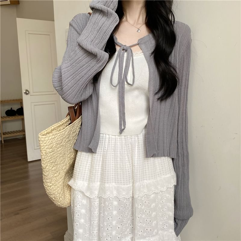 Scoop-Neck Lace Crop Cami and Ribbed Cardigan