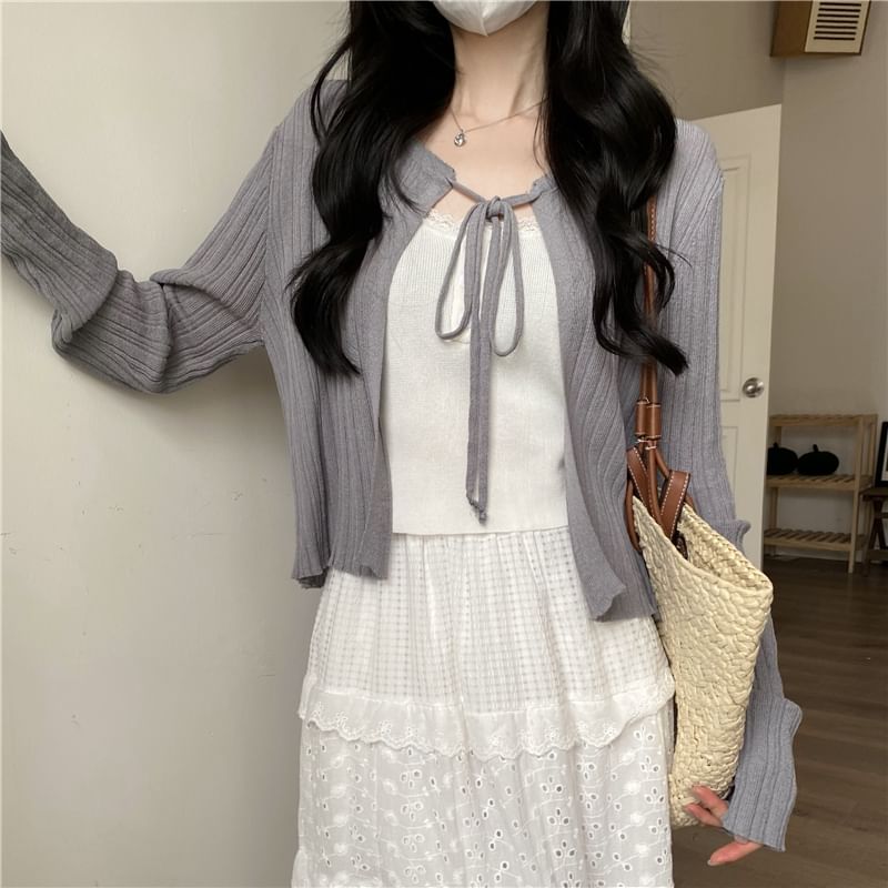Scoop-Neck Lace Crop Cami and Ribbed Cardigan