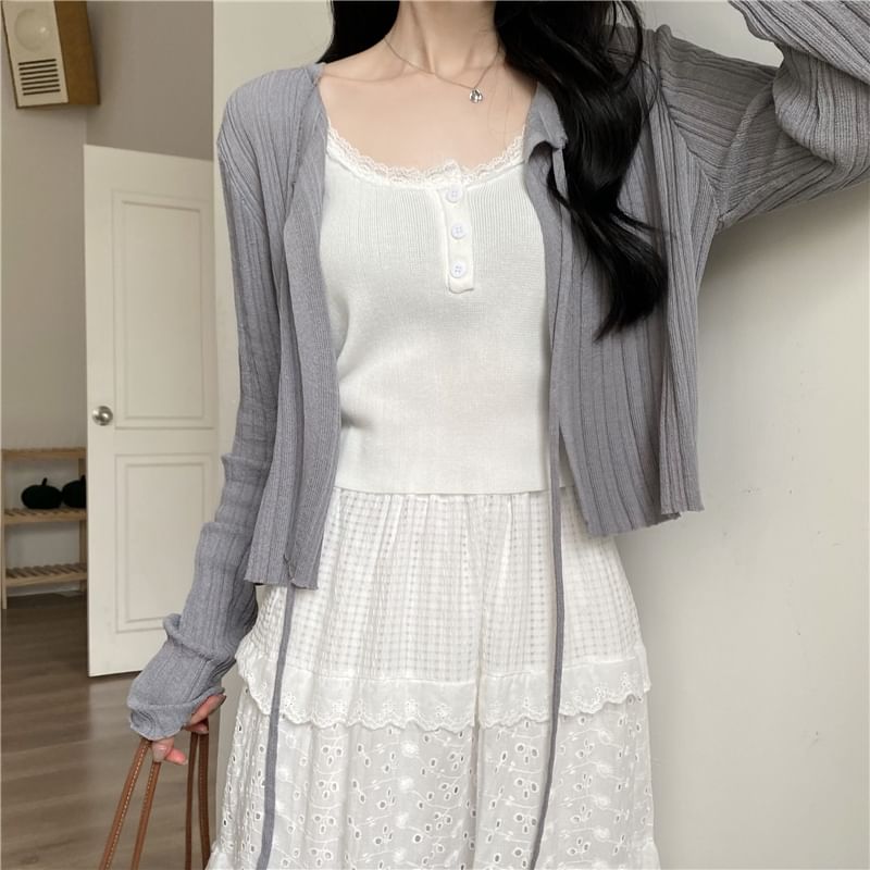 Scoop-Neck Lace Crop Cami and Ribbed Cardigan