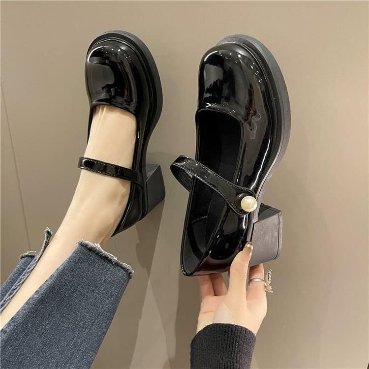 Heel Mary Patent Block Jane Shoes Pearl Faux