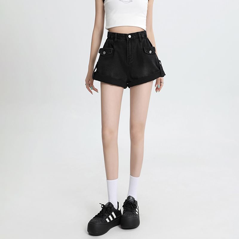 High Waist Roll Up Hem Denim Shorts