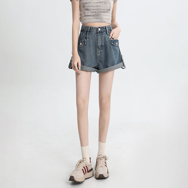 High Waist Roll Up Hem Denim Shorts