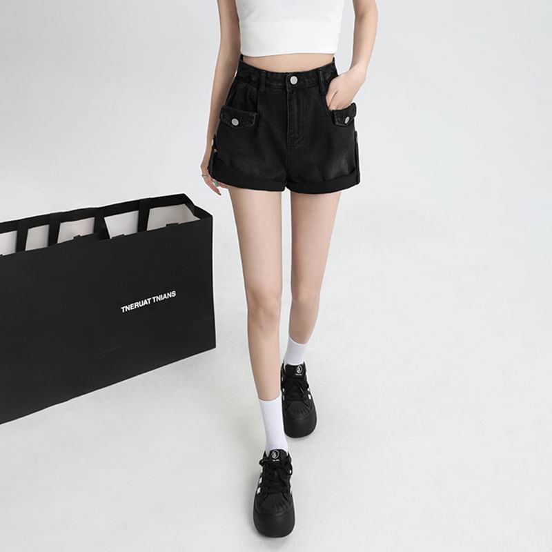 High Waist Roll Up Hem Denim Shorts