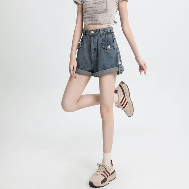 High Waist Roll Up Hem Denim Shorts