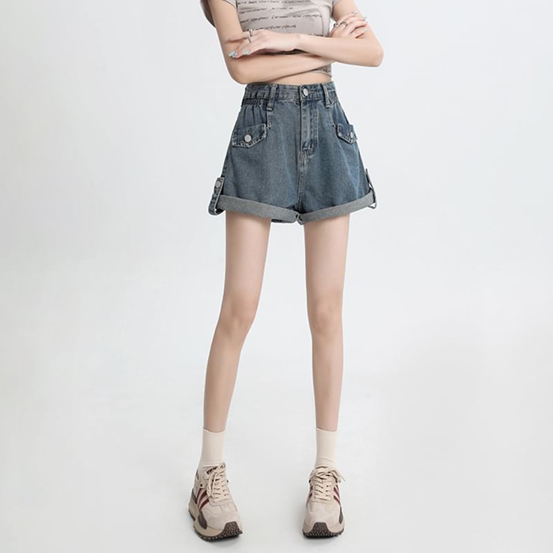 High Waist Roll Up Hem Denim Shorts