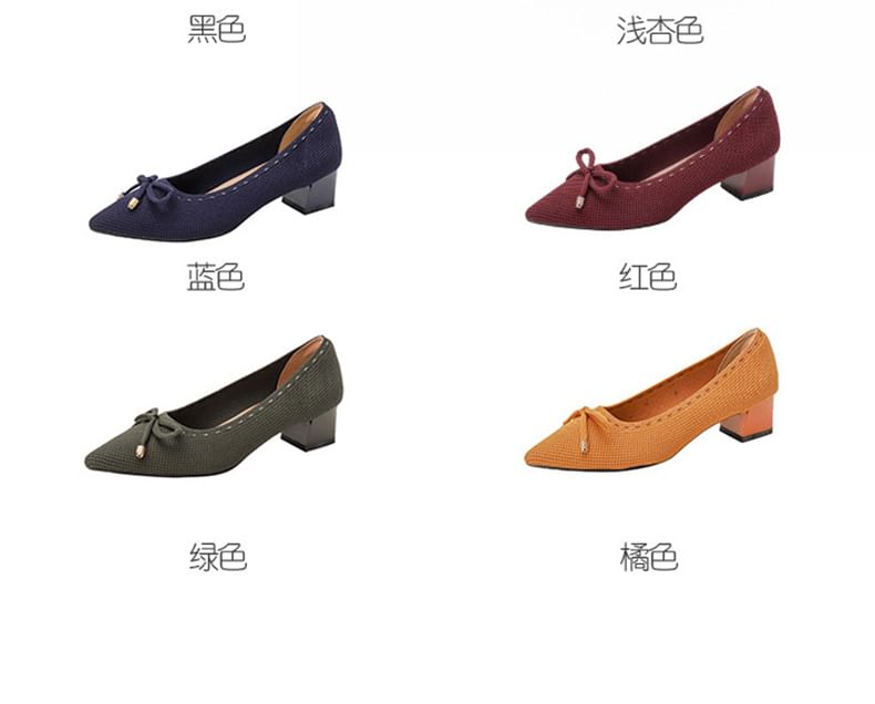 Heel Pumps Bow Pointed Fabric Block