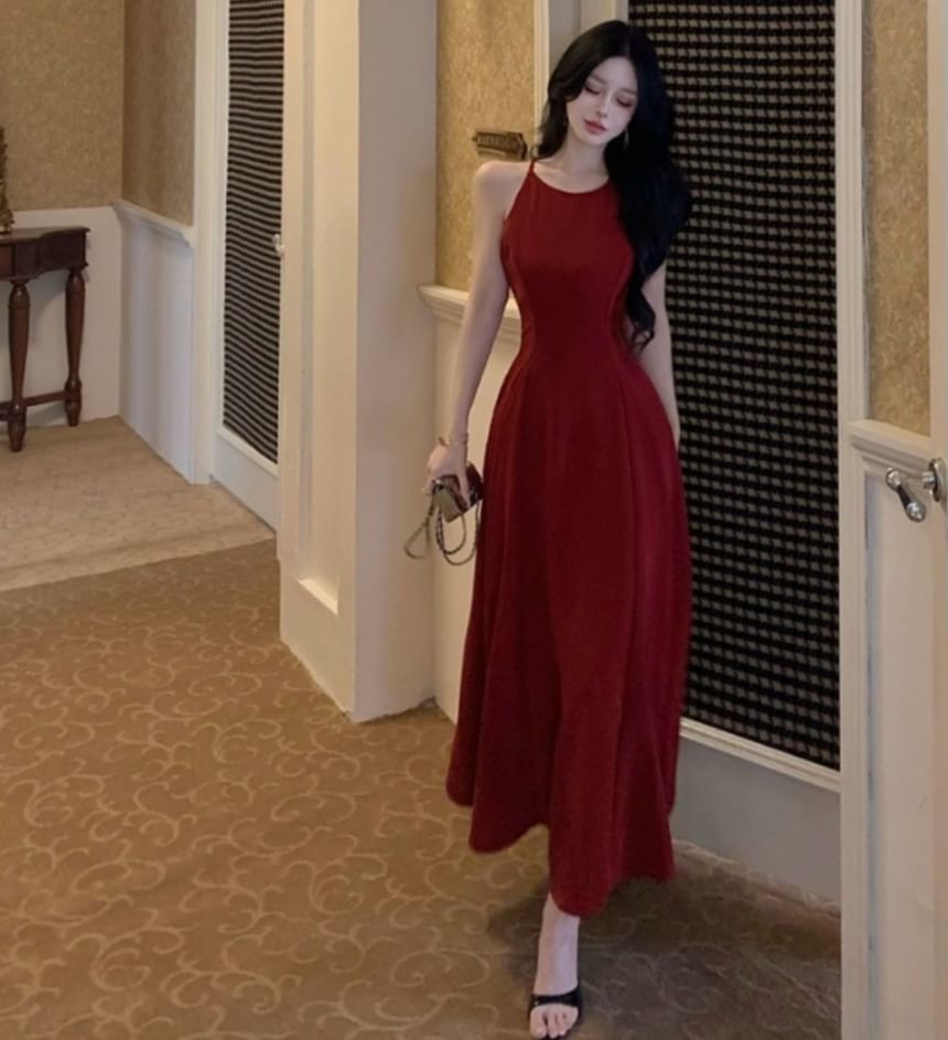 Sleeveless Halter Plain Sheath A-line Maxi Dress