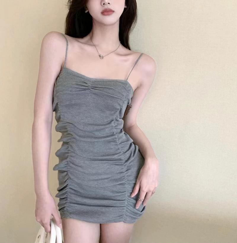 Spaghetti Bodycon Strap Mini Dress Plain